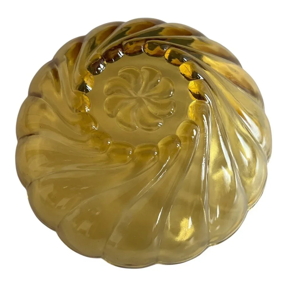 Vintage Hazel-Atlas Amber Swirl Glass Bowl – 9” x 4” – Mid-Century Pressed Glass